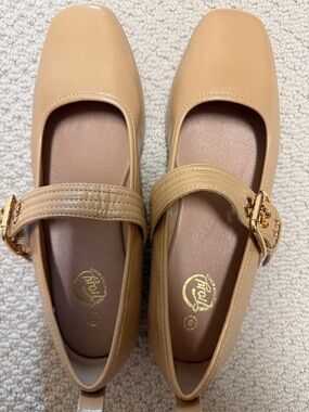 Trary- Beige Mary Jane Flats with Gold Buckle